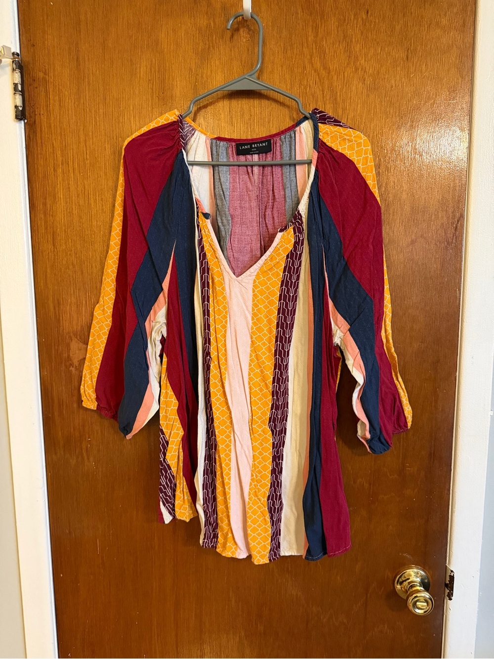 Lane Bryant Multicolor Striped V-Neck Peasant Top - Burgundy/Navy/Yellow/Cream